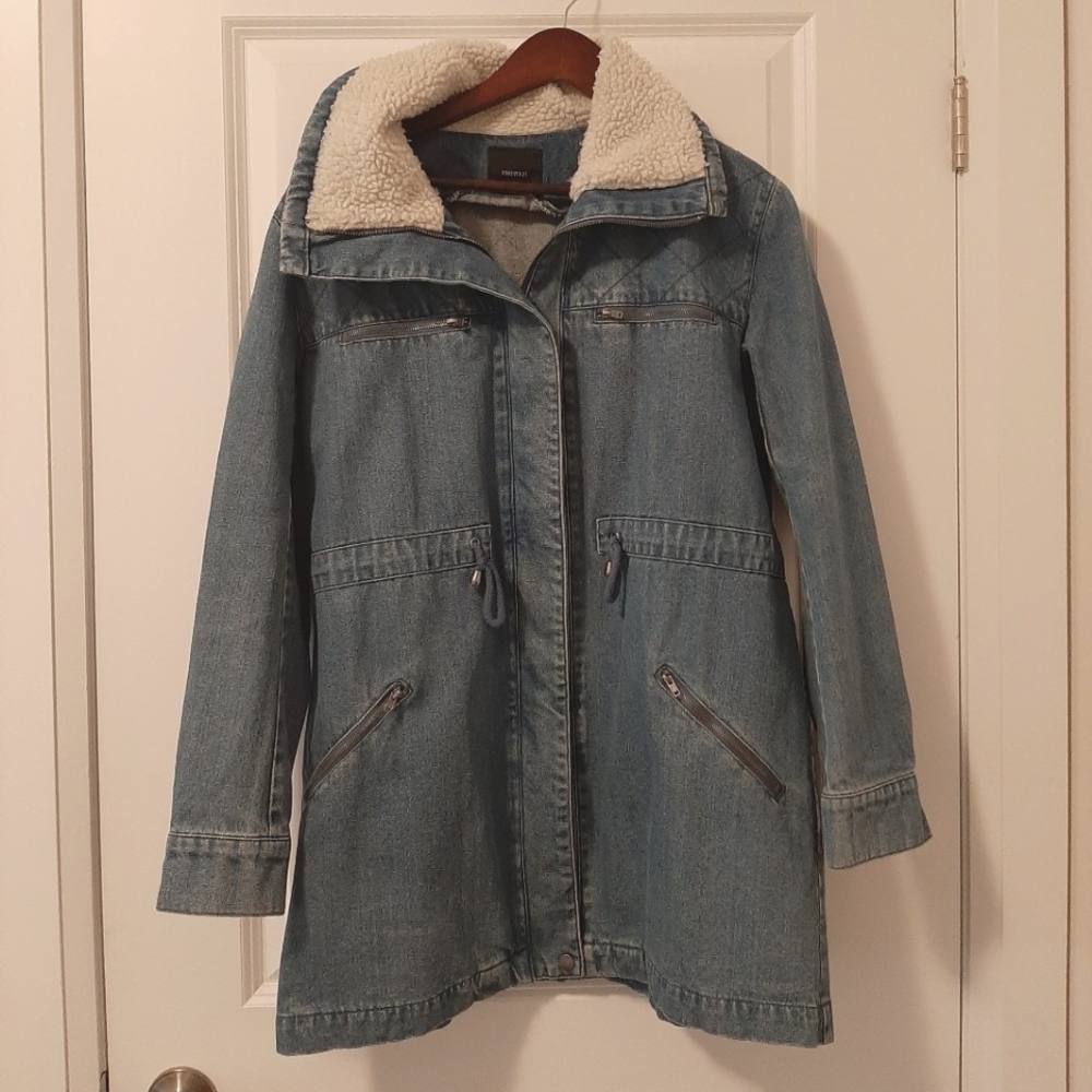 Forever 21 Longline Denim Jacket with Sherpa Collar